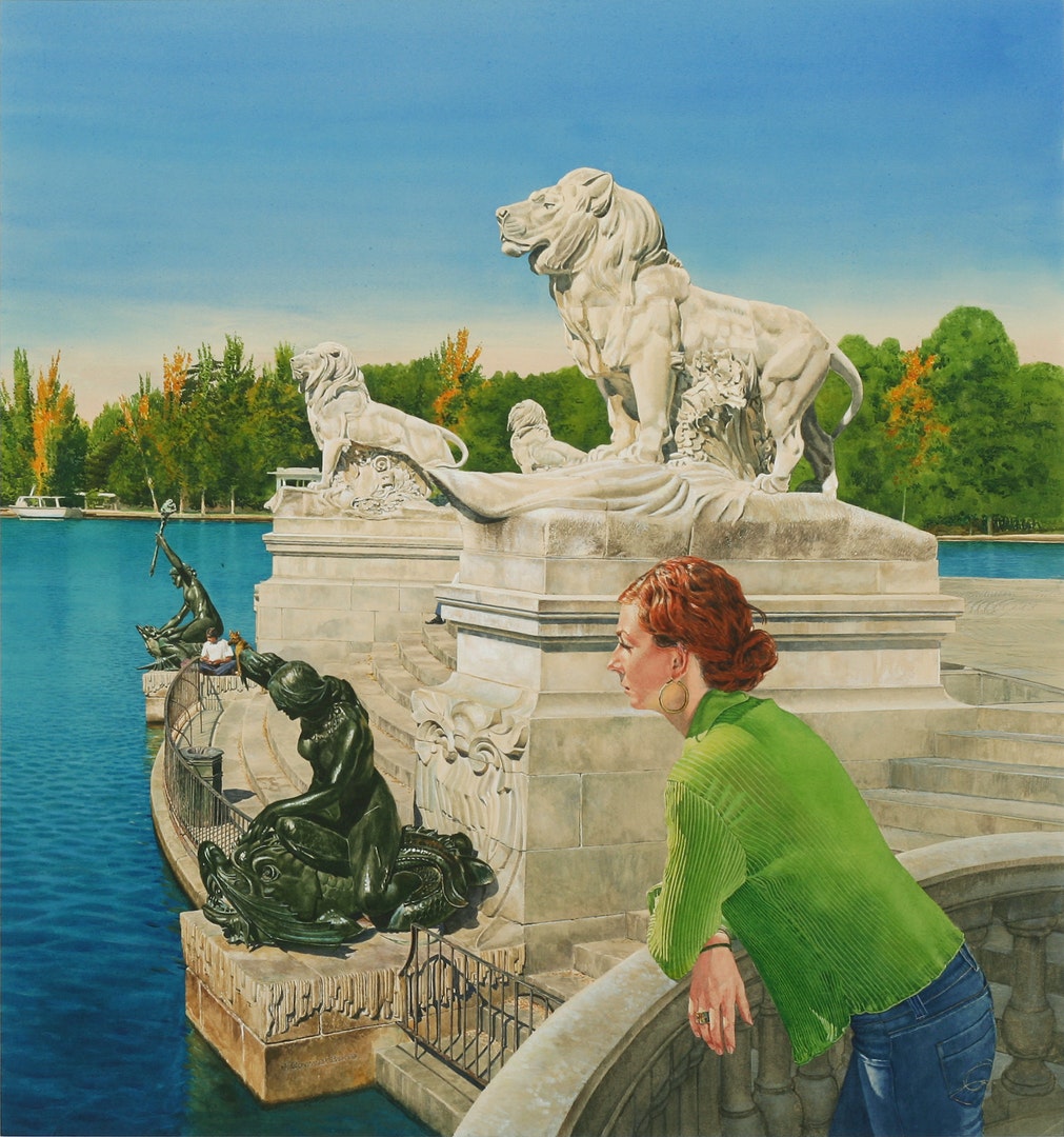 'By the Pond', Jose Gonzalez-Bueno, Watercolour, 71 x 66 cm