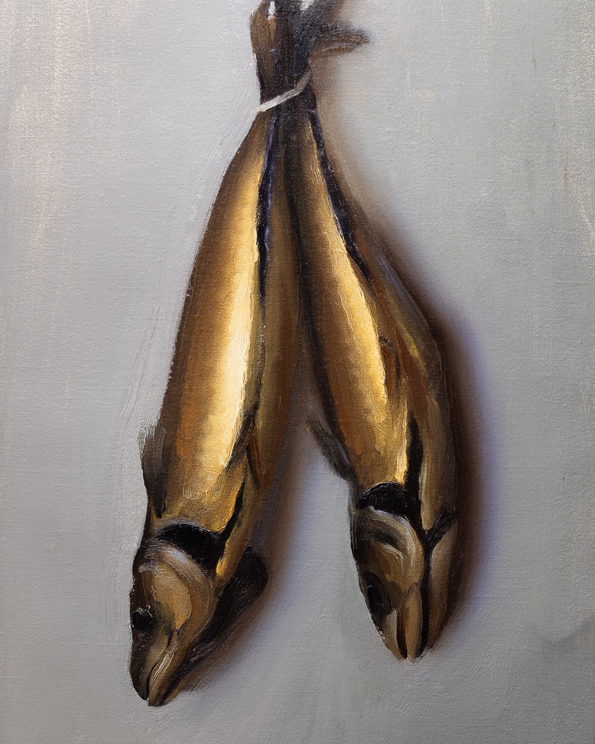 'Smoked Mackerels', Kevin Denoyette, Oil on linen, 33 x 23 cm