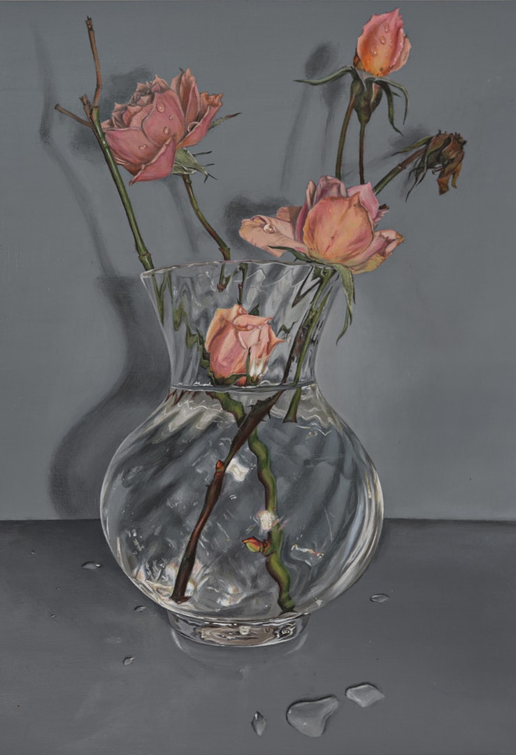'Vase of Roses', Madeline Parker, Acrylic on paper, 36 x 26 cm