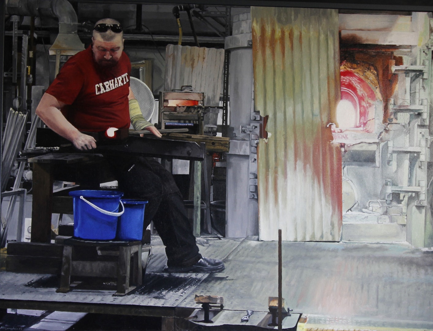 'Glass worker number 3', Peter Monaghan, Oil on wooden panel, 91 x 69 cm