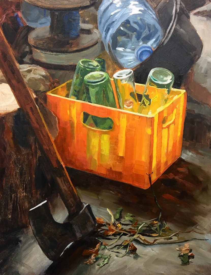 'Uncle's axe and bottle box', Roberto Luis Zuñet, Oil on panel, 35 x 27 cm