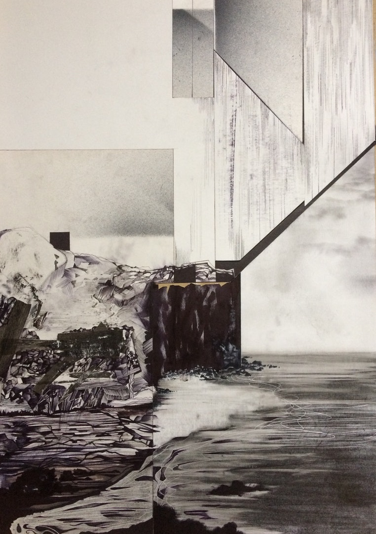 'The shore', Russell Ashcroft, Fine line pen on paper and collage, 64 x 45 cm