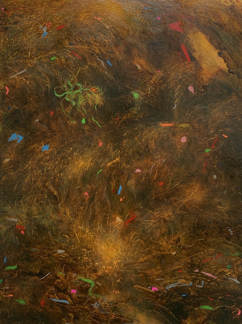'Seaweed, Plastic & Detritus', Sarah Bold, Oil and mixed media on board, 31 x 22 cm