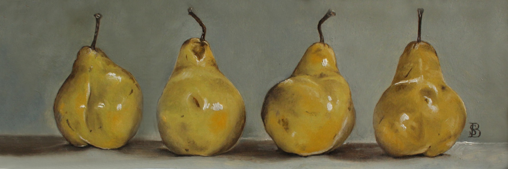 'Four Pears', Sophie Botsford, Oil on panel, 12 x 31 cm