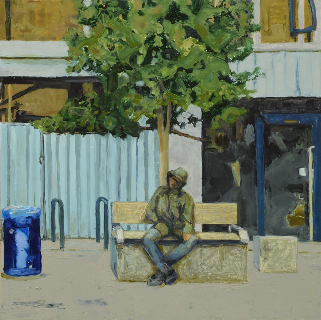 'Man on a bench (Giffin Square) 2', Trevor Burgess, Oil on board, 100 x 100 cm