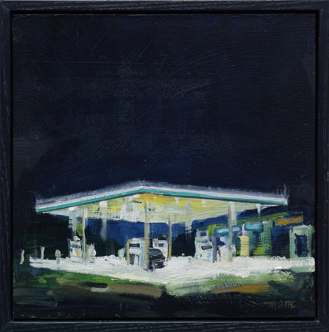 'Petrol Station Nocturne', Tim Goffe, Oil on panel, 20 x 20 cm