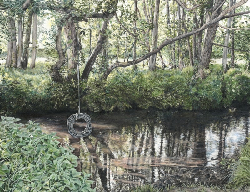 'The River Tillingbourne at Shere', Alison Powell, Coloured pencil on paper, 35 x 28 cm