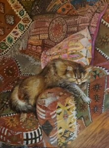 'Dolly on Kilim Sofa', Amanda Rosenstein Davidson, Acrylic on wood, 84 x 60 cm