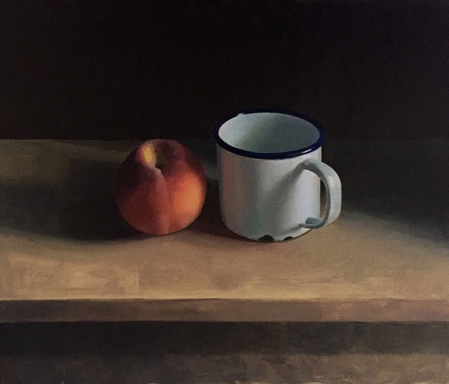 'Enamel mug with Peach', Angelo Murphy, Oil on canvas, 31 x 36 cm