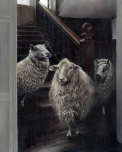 'Sheep on the Stairs', Diane Bellamy, Acrylic on canvas, 100 x 80 cm