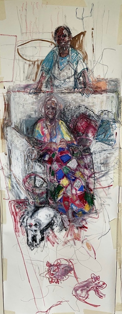 Mireille, Mary, Chloe and Rats', Diane Milner, Oil pastel and ink on paper, 152 x 57 cm