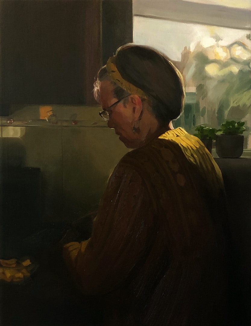 'Lunch outside', Emma Price, Oil on board, 32.5 x 25 cm