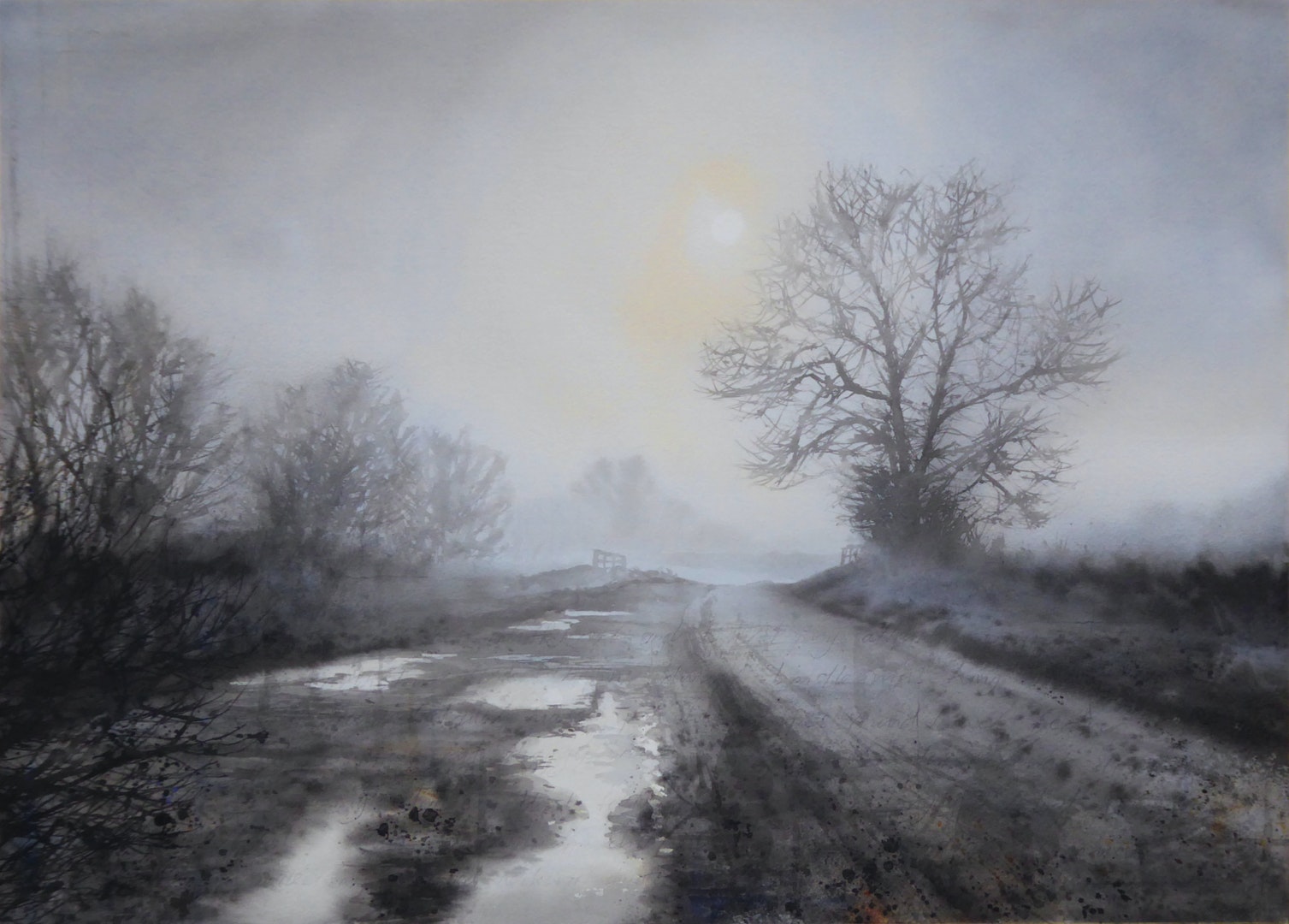 'Puddles in the lane', Gary Cook, Ink, watercolour and charcoal on paper, 68 x 50 cm