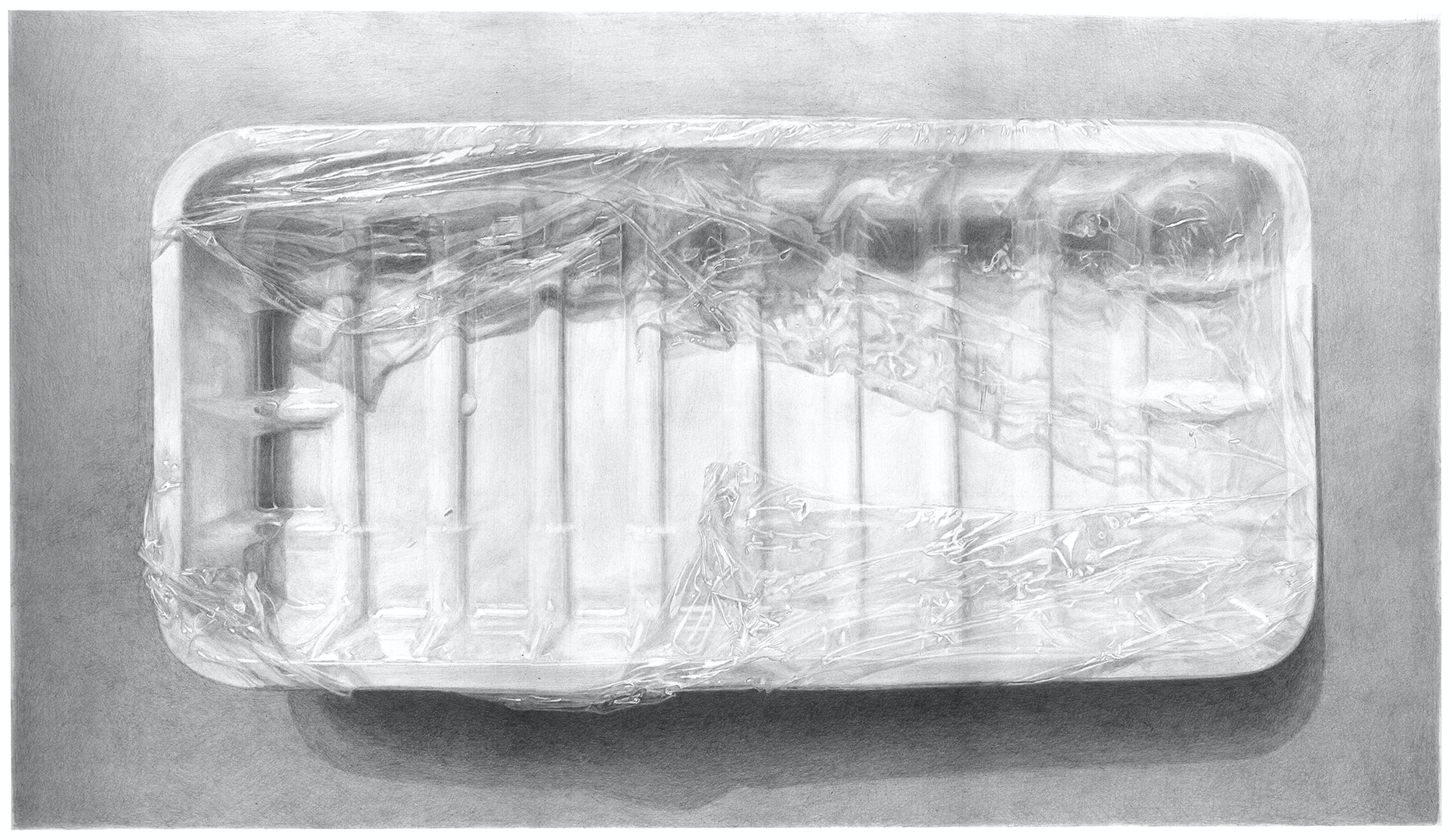 'Plastic tray with plastic wrap – Meatless 4', Ilana Dotan, Pencil drawing on paper, 40 x 70 cm