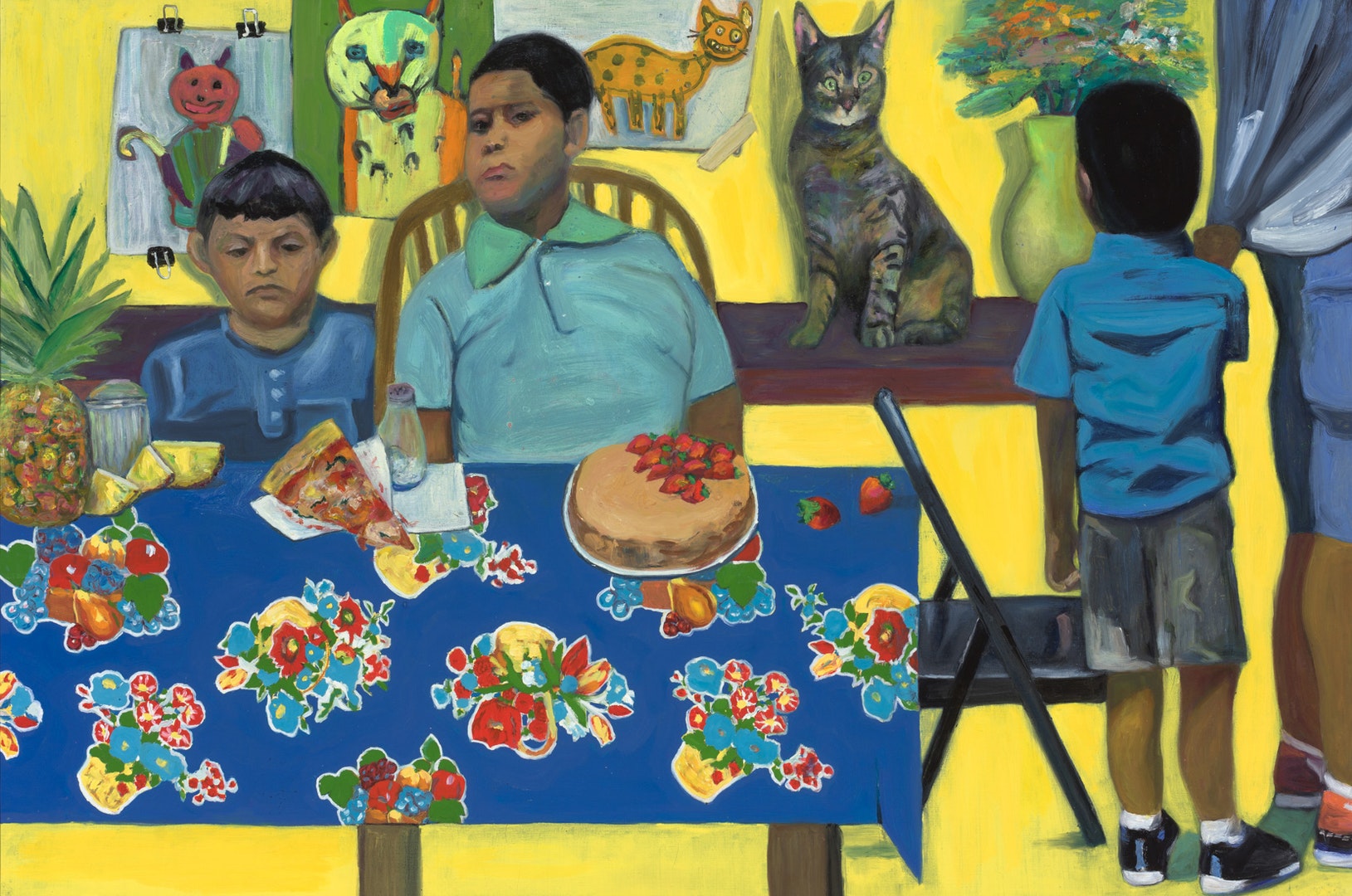 'Cats & Kids on Yellow', Jessica Alazraki, Oil on canvas, 109 x 165 cm 