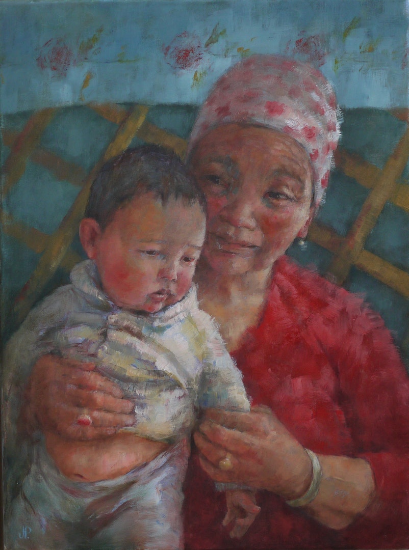 'Oldest & Youngest. Mongolia', Joan Prickett, Oil on canvas, 40.5 x 30.5 cm