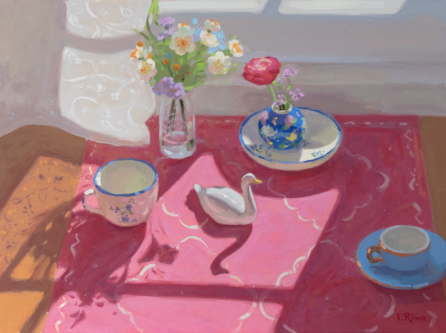 'Still life with a porcelain swan', Lena Rivo, Gouache, 28 x 38 cm