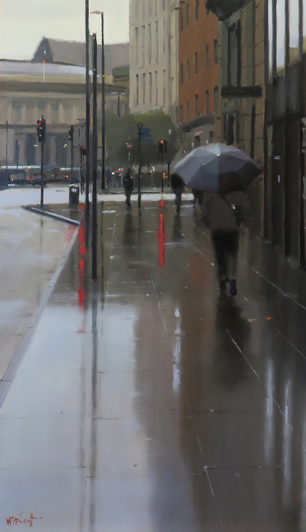 'Walking Towards the Library, Manchester', Michael Ashcroft, Oil, 43 x 25 cm