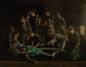 'The Death Of A Courier', Nicholas Baldion, Oil on gesso board, 78.5 x 103 cm