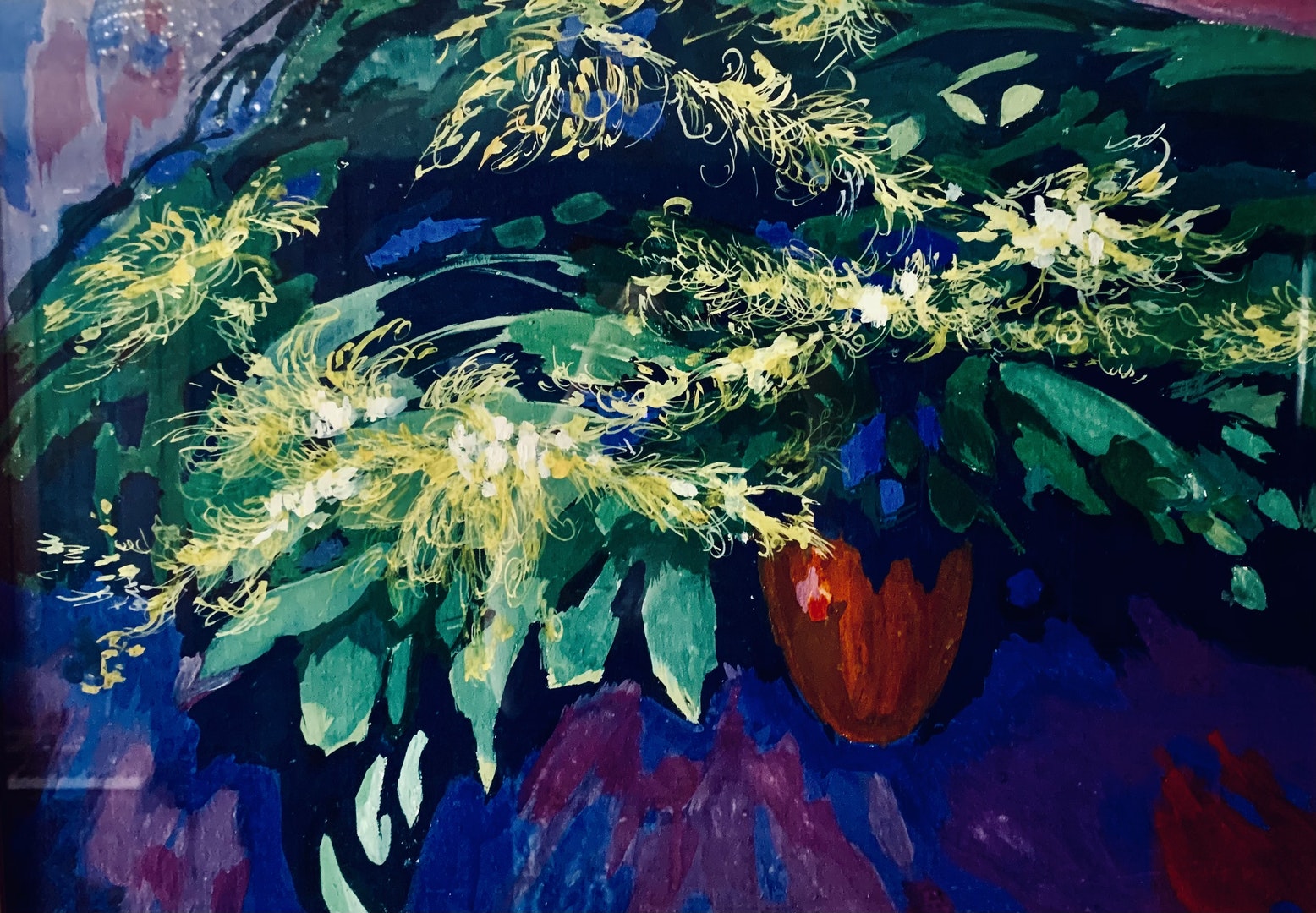 'Goldenrods in a vase', Olga Tesis, Gouache on canvas, 70 x 50 cm