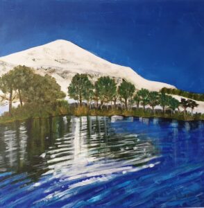 'Glencorse Reservoir, Pentland Hills', Susanne Astwood, Acrylic and oil pastel on canvas, 75 x 75 cm