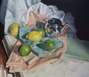 'Citrus Fruit With Blue Paper', Angelo Murphy, Oil on canvas, 36 x 41 cm
