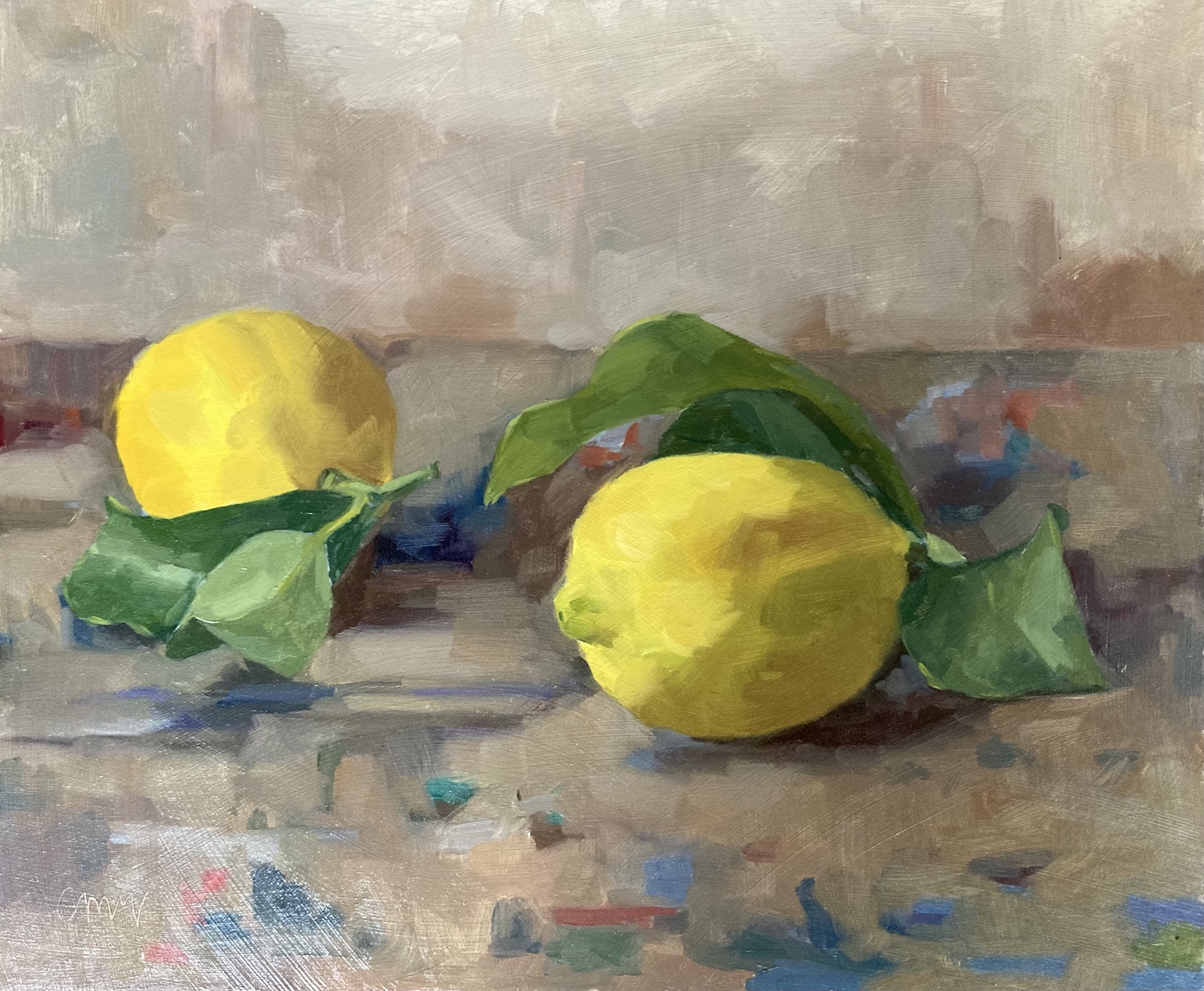 'Lemons In The Studio', Catherine Mcvean, Oil on wood panel, 25 x 30 cm