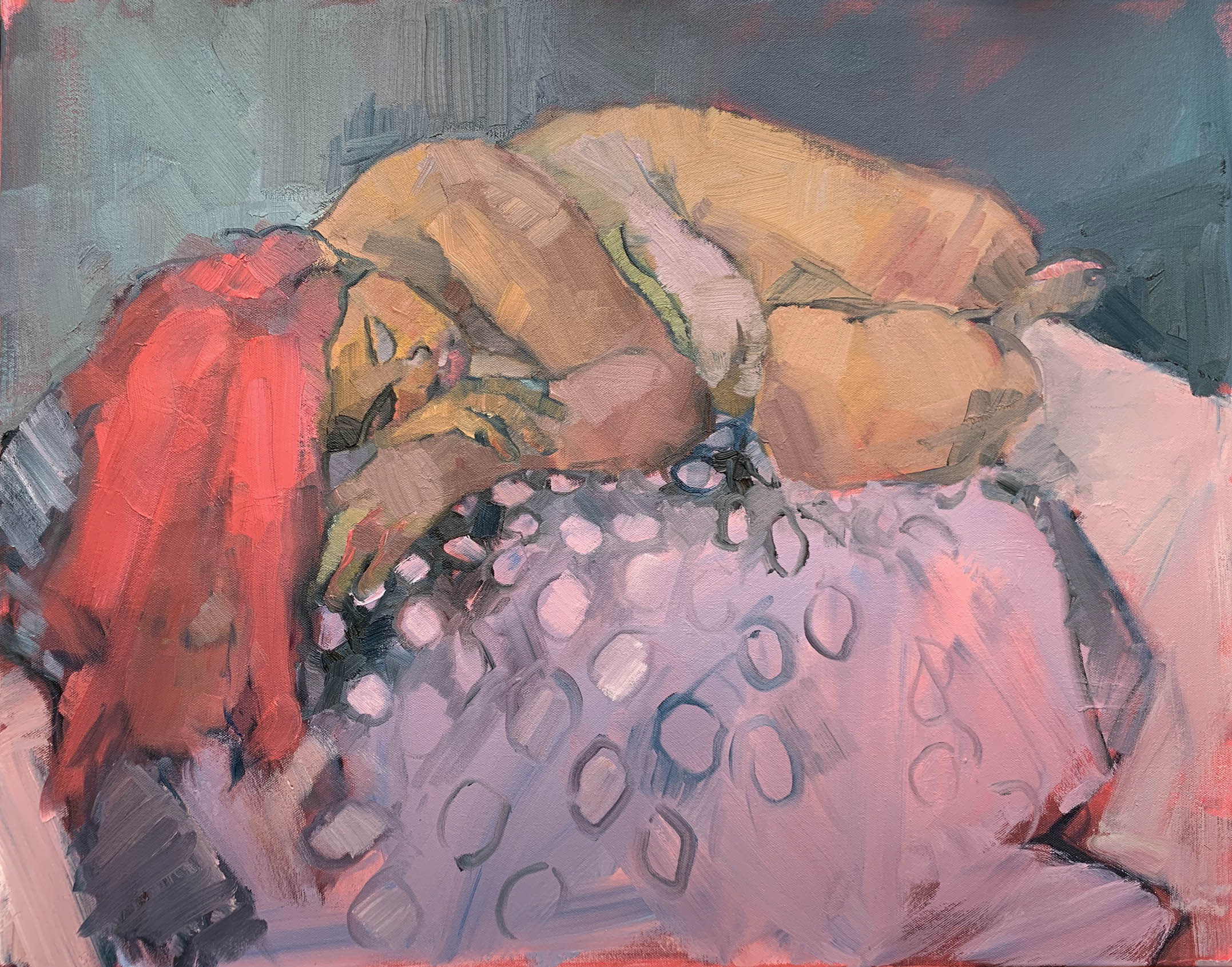 'Afton Dreaming On A Spotty Throw', Charlotte Houlihan, Oil on canvas, 60 x 76 cm