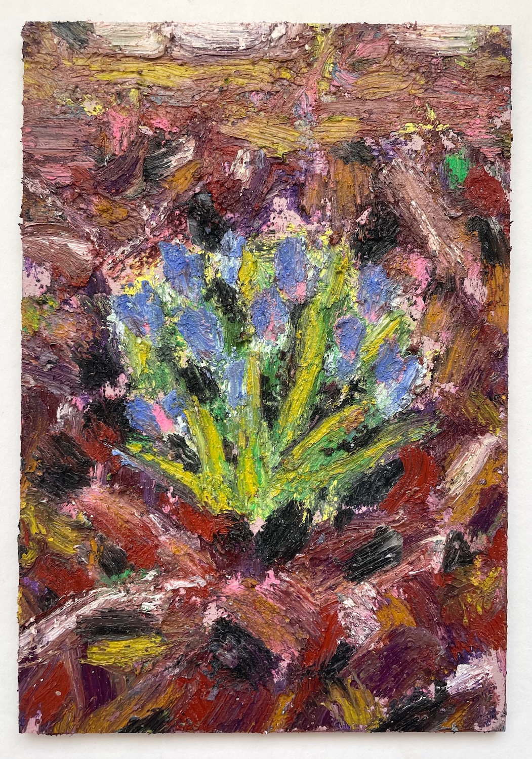 'Crocuses', Hannah Truran, Oil stick and oil paint on ply, 16 x 11 cm