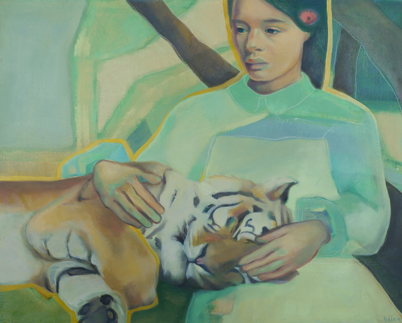'Girl With Tiger', Helen Anthony, Oil on board, 50 x 40 cm