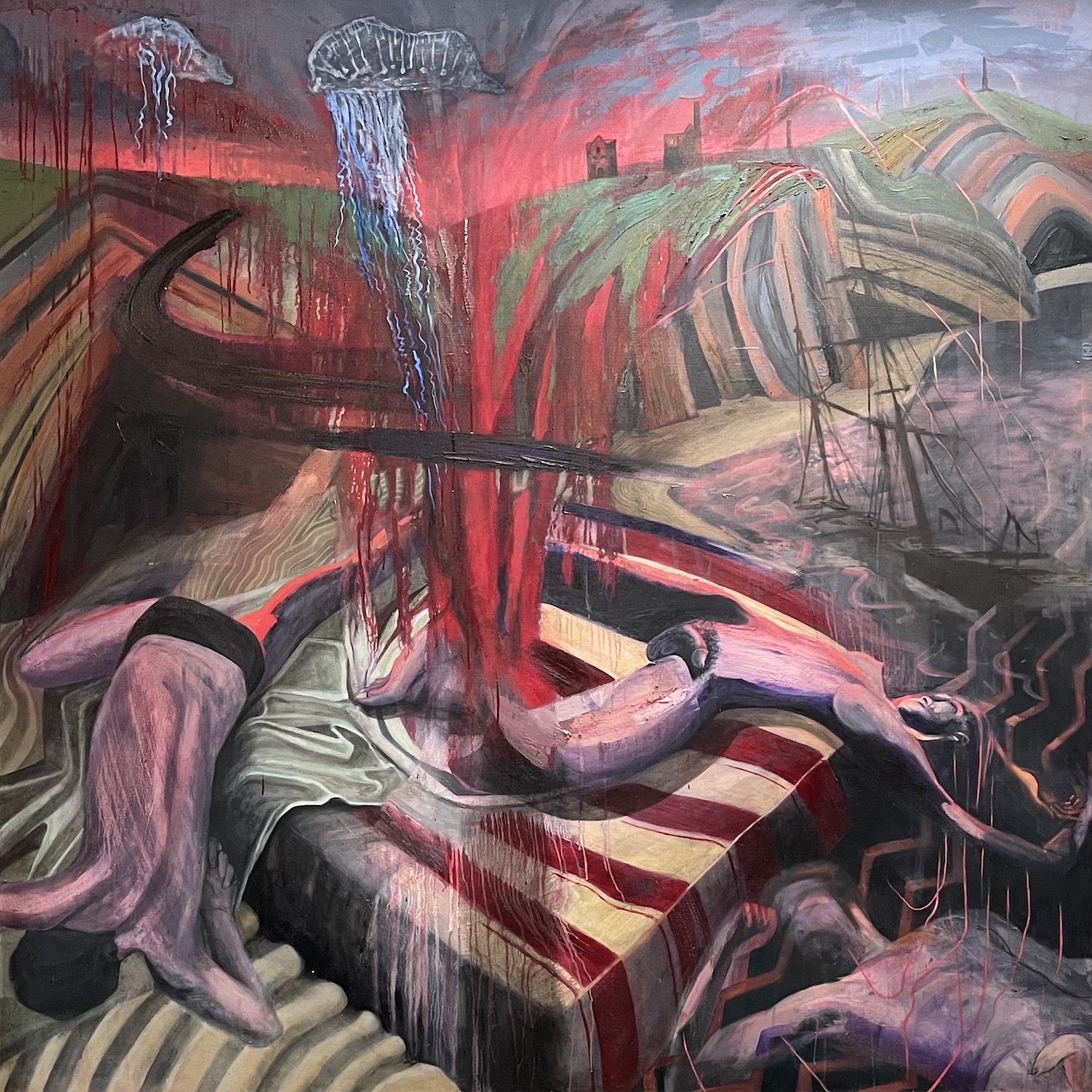 'Cornish Landscape With Figures And Portuguese Man O'war', James Dearlove, Oil and acrylic on linen, 200 x 200 cm