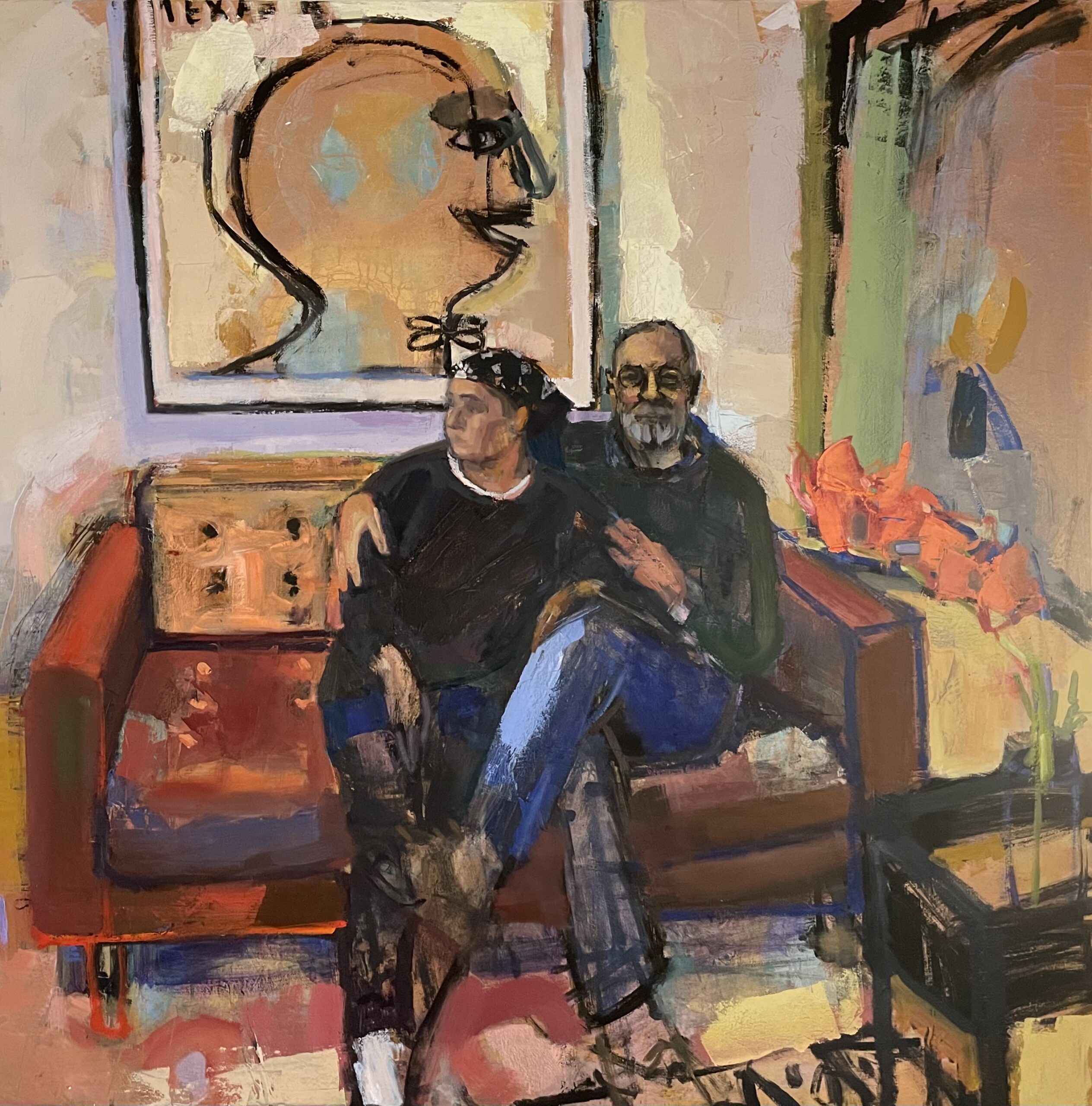 'Barry And Michele Under A Bruce Lee Webb Painting', Julie Karpodini, Oil on canvas, 100 x 100 cm