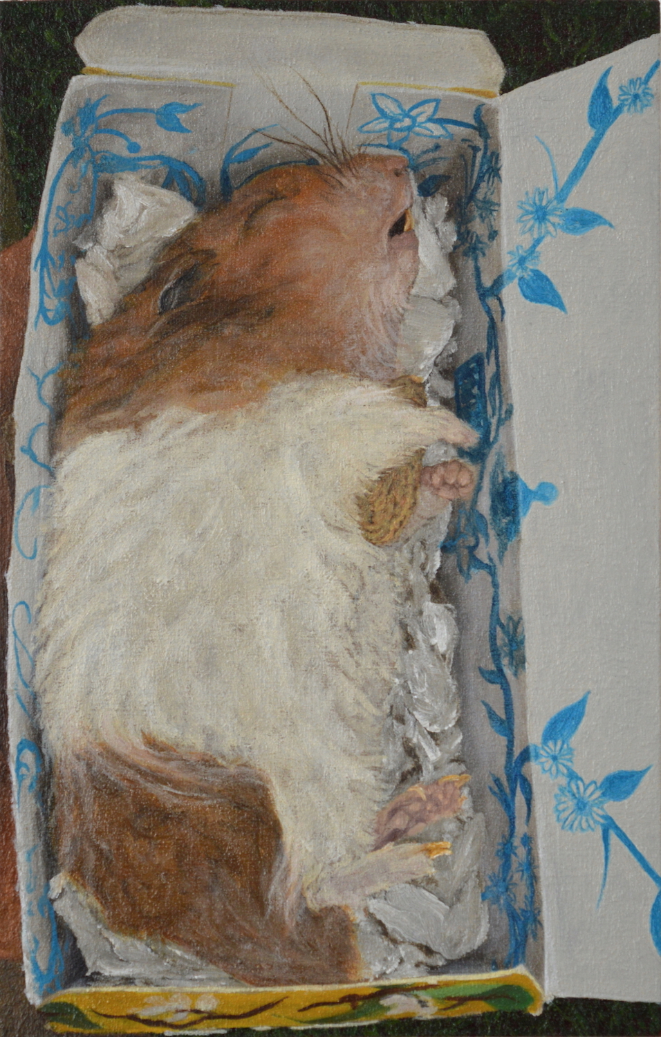 'Dead Godot In A Turmeric Gold Tea Box', Maddy Buttling, Oil on plywood, 17.5 x 11 cm