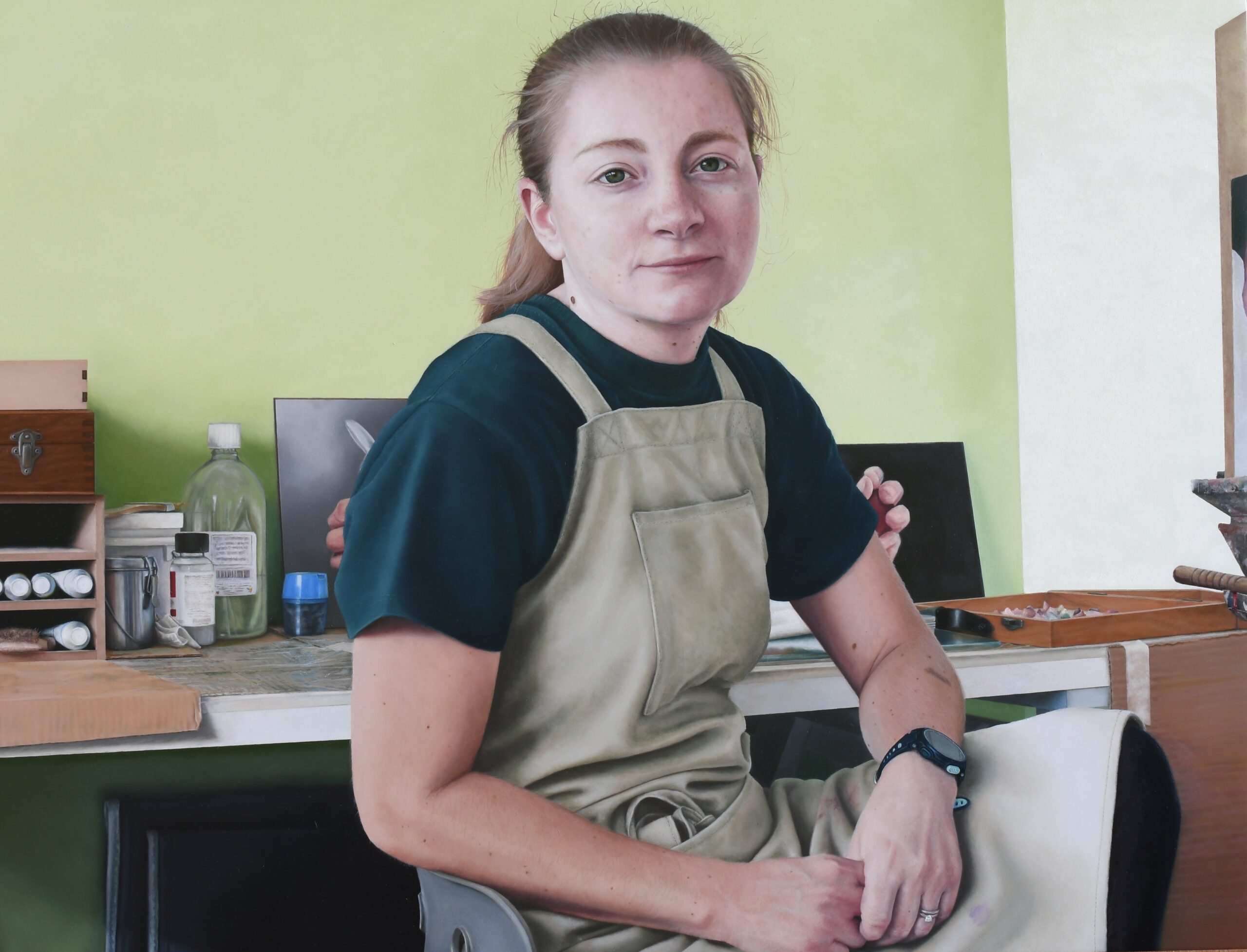 'Lockdown Studio Self Portrait', Megan Hunter, Oil on aluminium, 44 x 61 cm