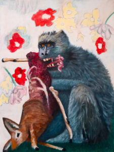 'Baboon In Front Of Dolce & Gabbana Floral Print', Miles Ladin, Oil on paper, 61 x 46 cm
