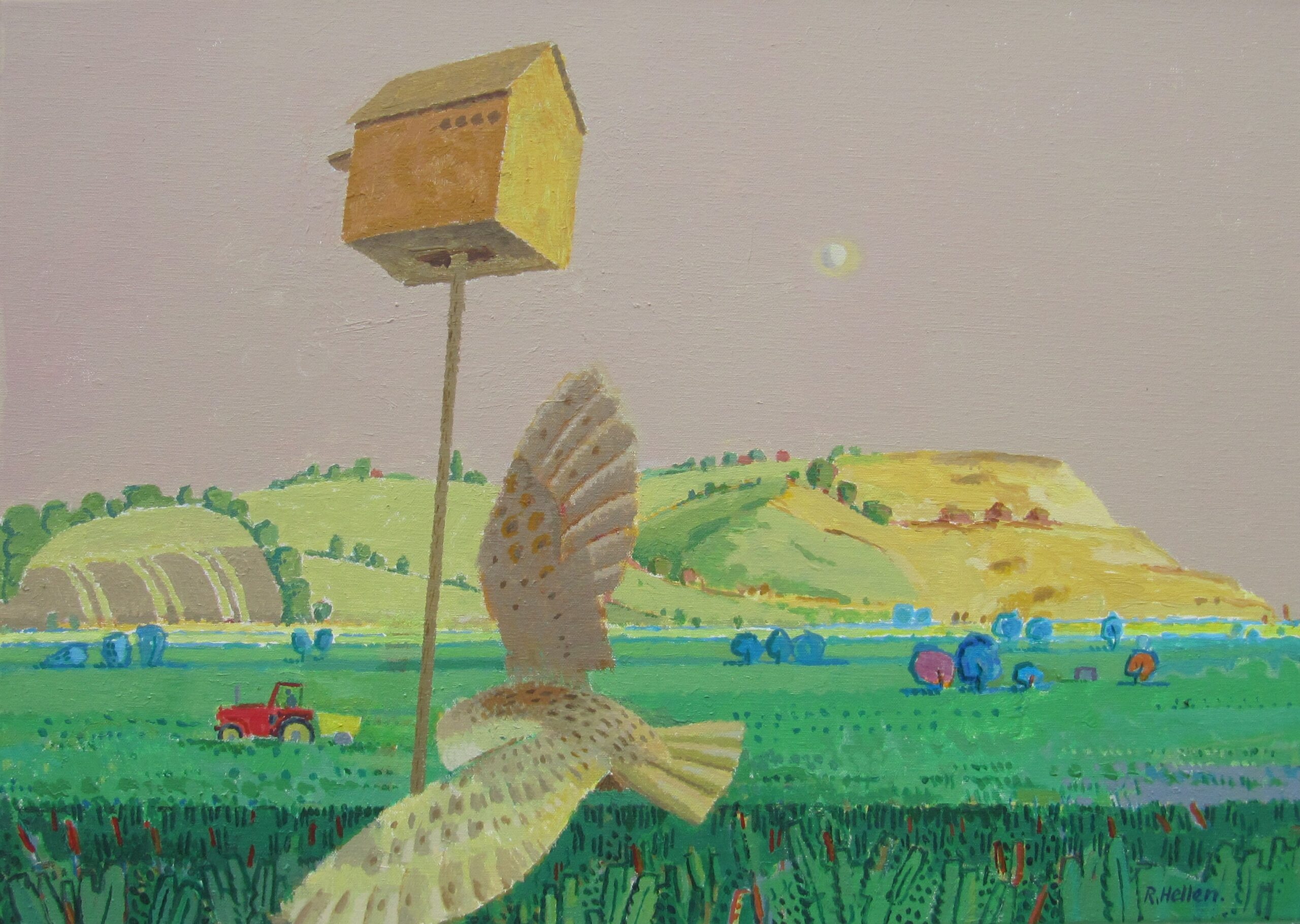 'Owl Box And Barn Owl', Ronald Hellen, Acrylic on canvas, 56 x 76 cm
