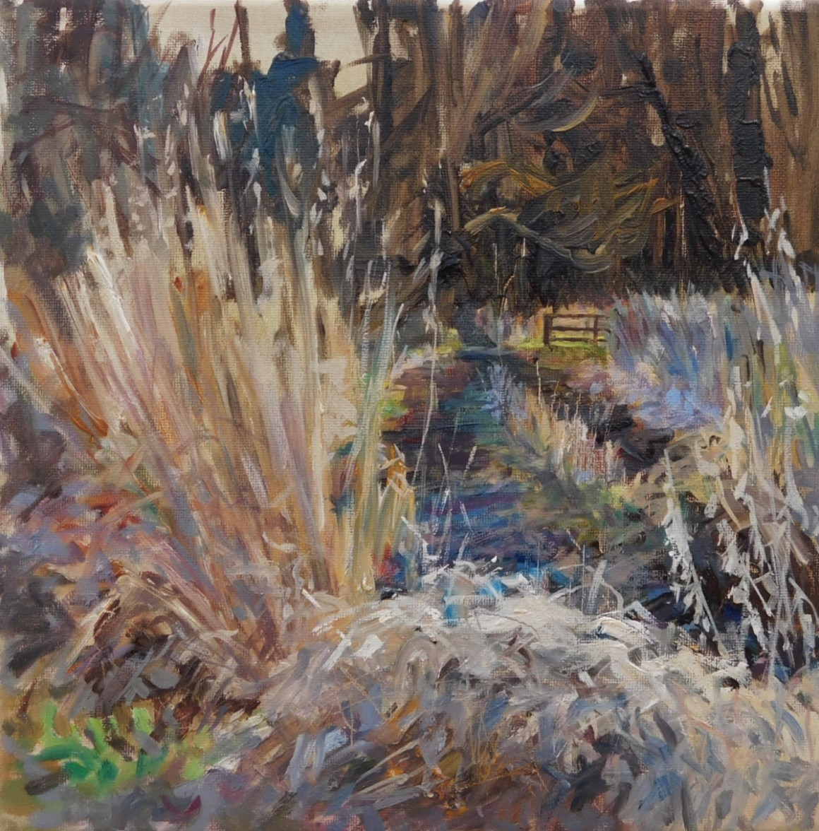 'Thames Path In January', Sarah Luton, Water mixable oil on canvas, 20 x 20 cm