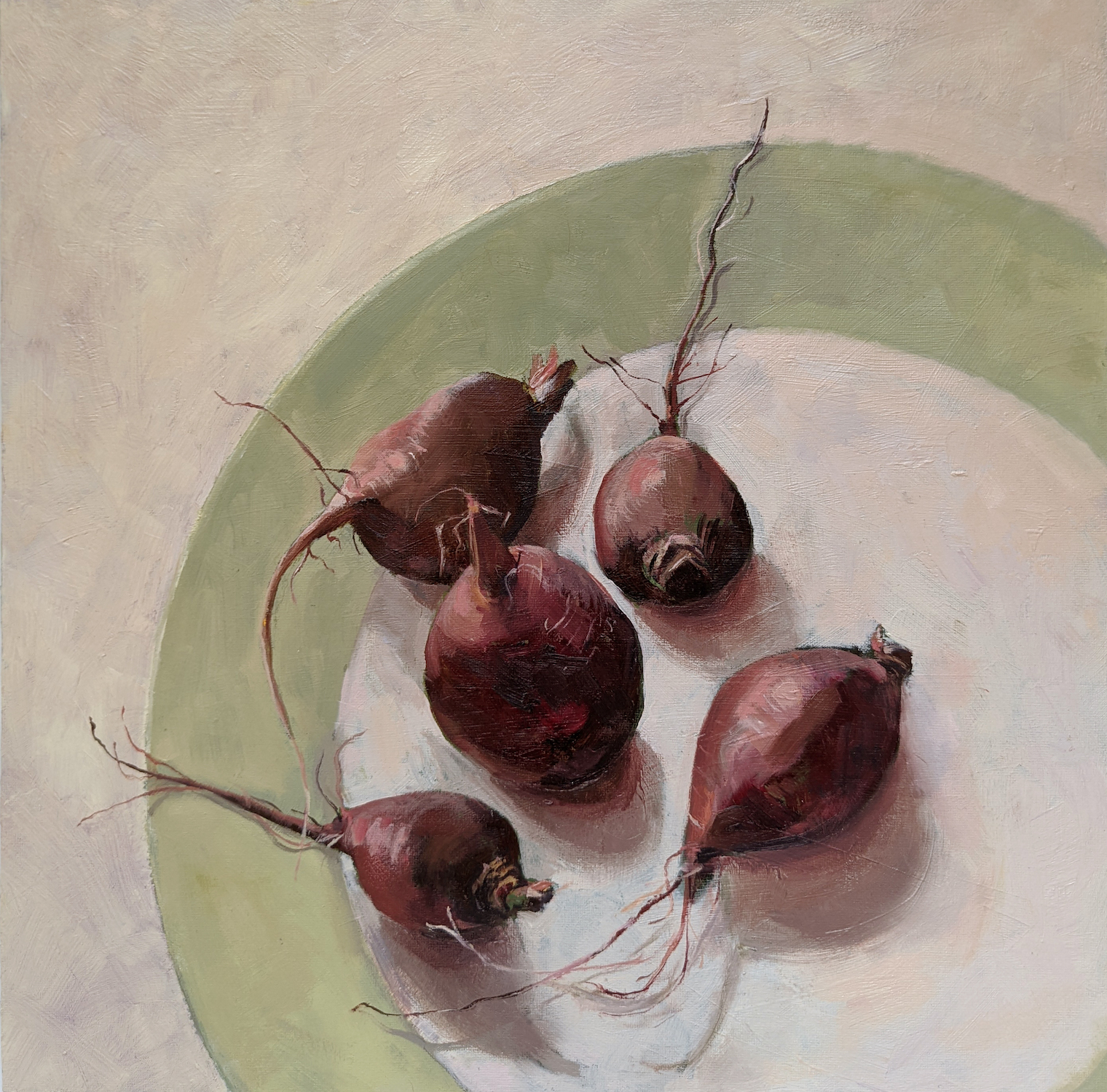 'Purple Topped Turnips', Shelagh Casebourne, Oil on board, 30 x 30 cm