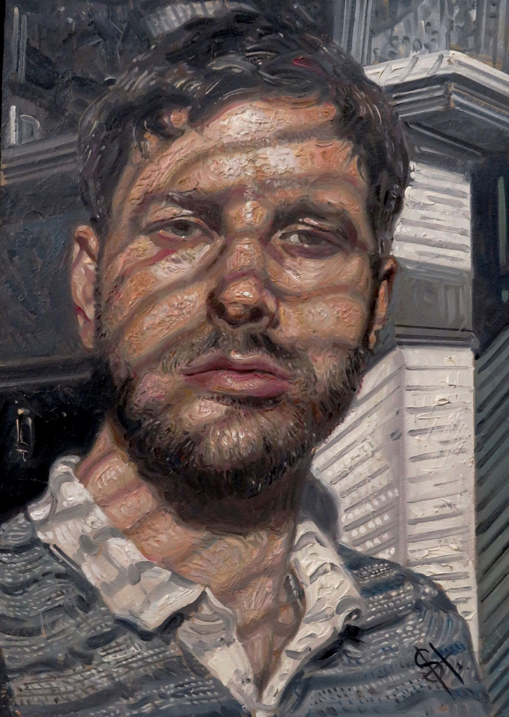 'Self Portrait: Summer Light', Steven Higginson, Oil on board, 27 x 20 cm