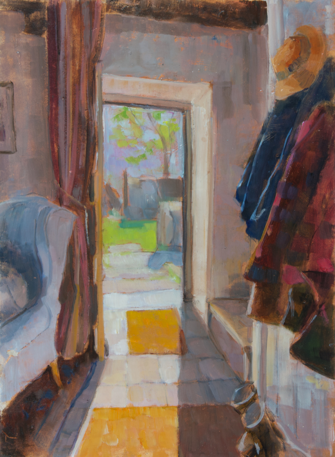 'Summer View Through Farmhouse Door', Sue Wales, Oil on board, 45 x 32 cm