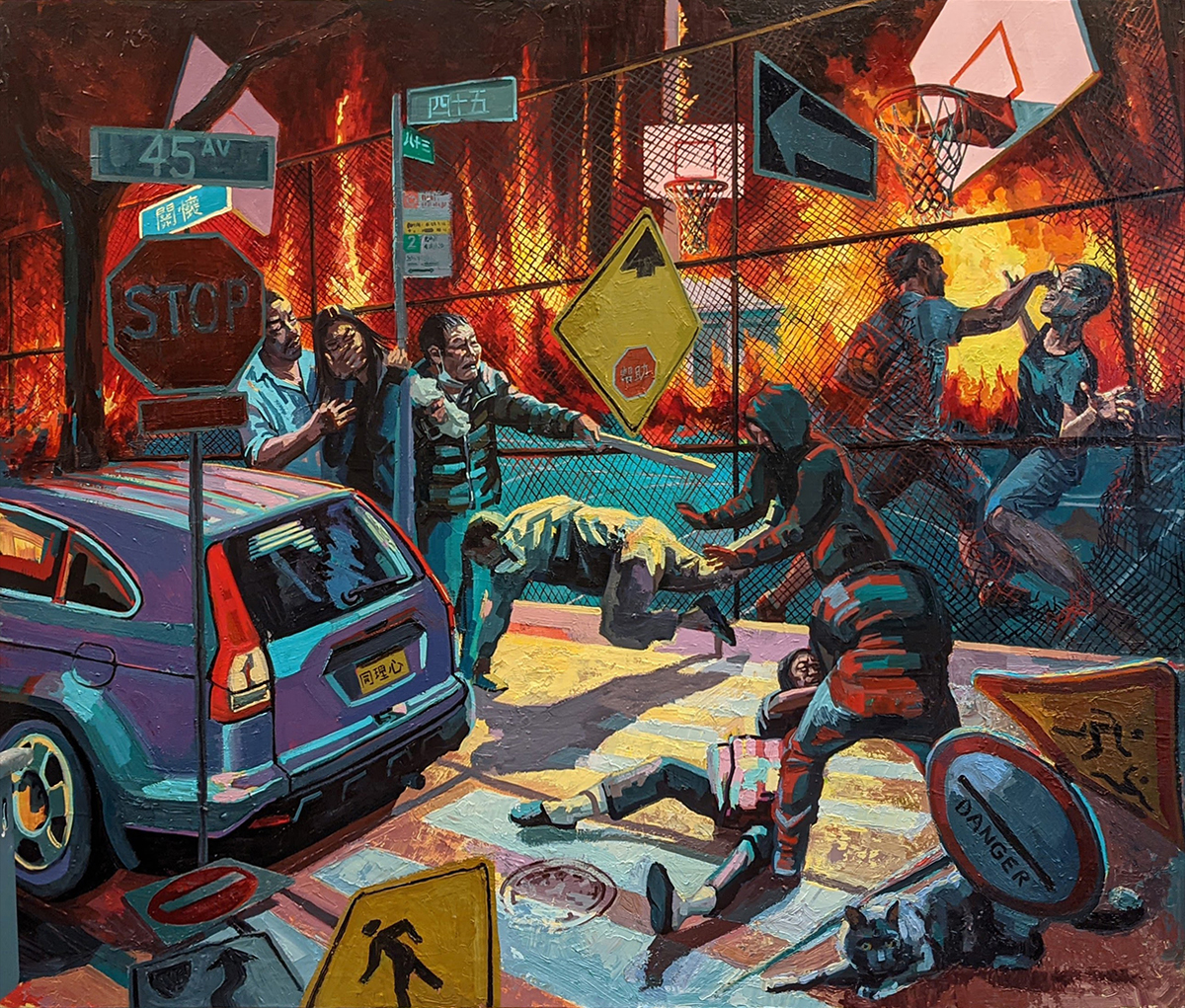 'A Day In The Life Of Chemin Hsiao (Allegory Of A Sucker Punch)', Teresa Dunn, Oil on linen, 114 x 132 cm