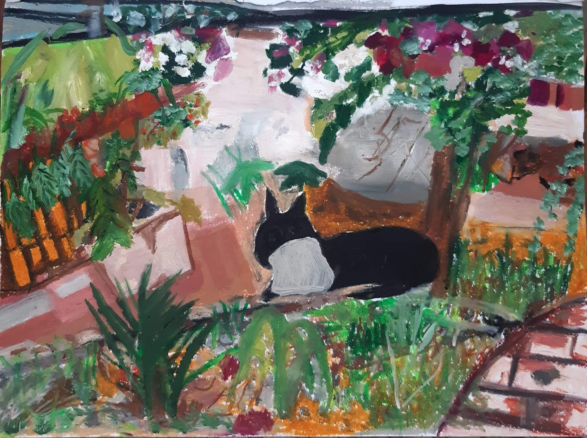 'Cat In The Lawn', Uzma Sultan, Oil & oil pastel on cartridge paper, 28 x 22 cm