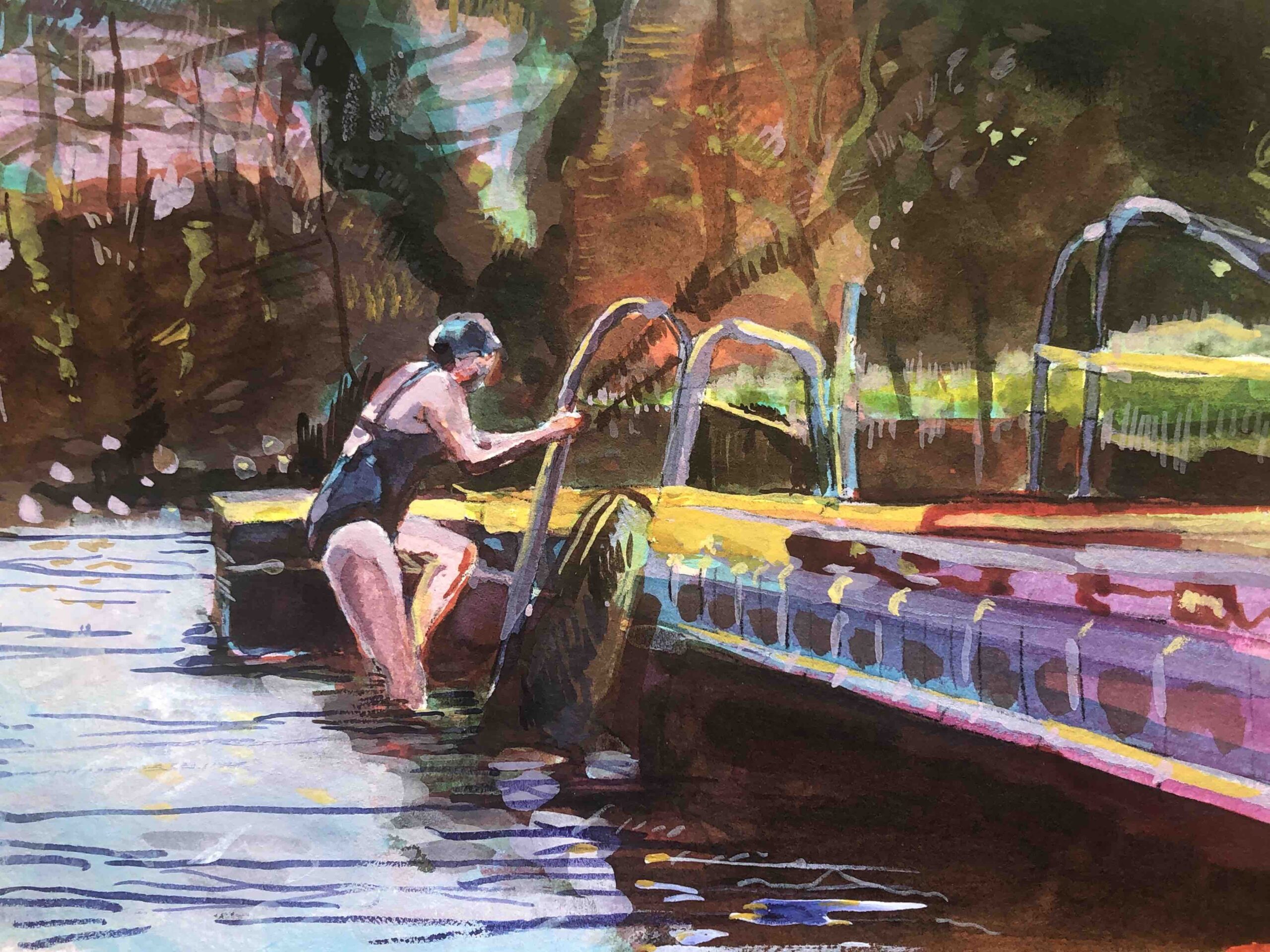 'Dusk Swim At The Ponds, Hampstead Heath', Vanessa Brassey, Acrylic ink on hahnemühle cold pressed 230gsm watercolour paper, 11 x 14 cm 