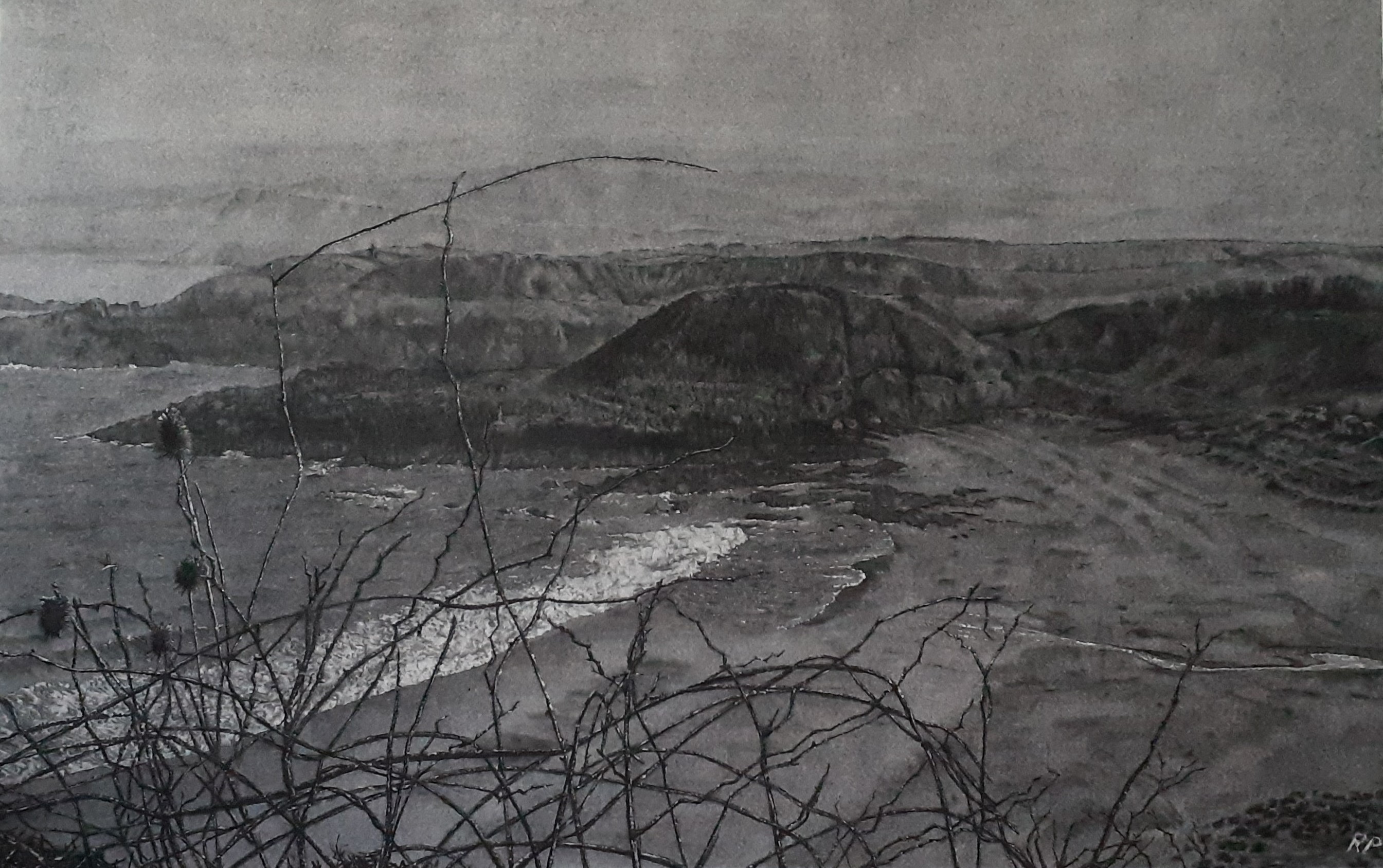 'Emerging from the Haar' - Coldingham Bay', Rowena Price, Charcoal on Paper, 48 x 62 cm