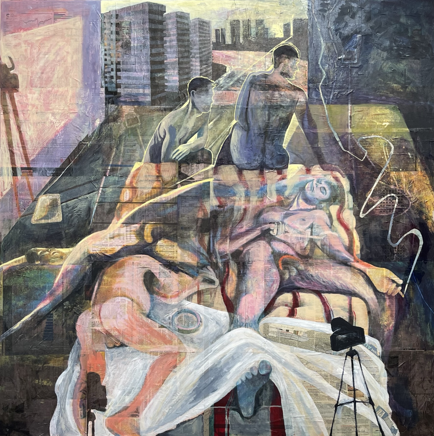 'Figures in a Room', James Dearlove, Acrylic and Oil on Paper and Linen, 150 x 150 cm