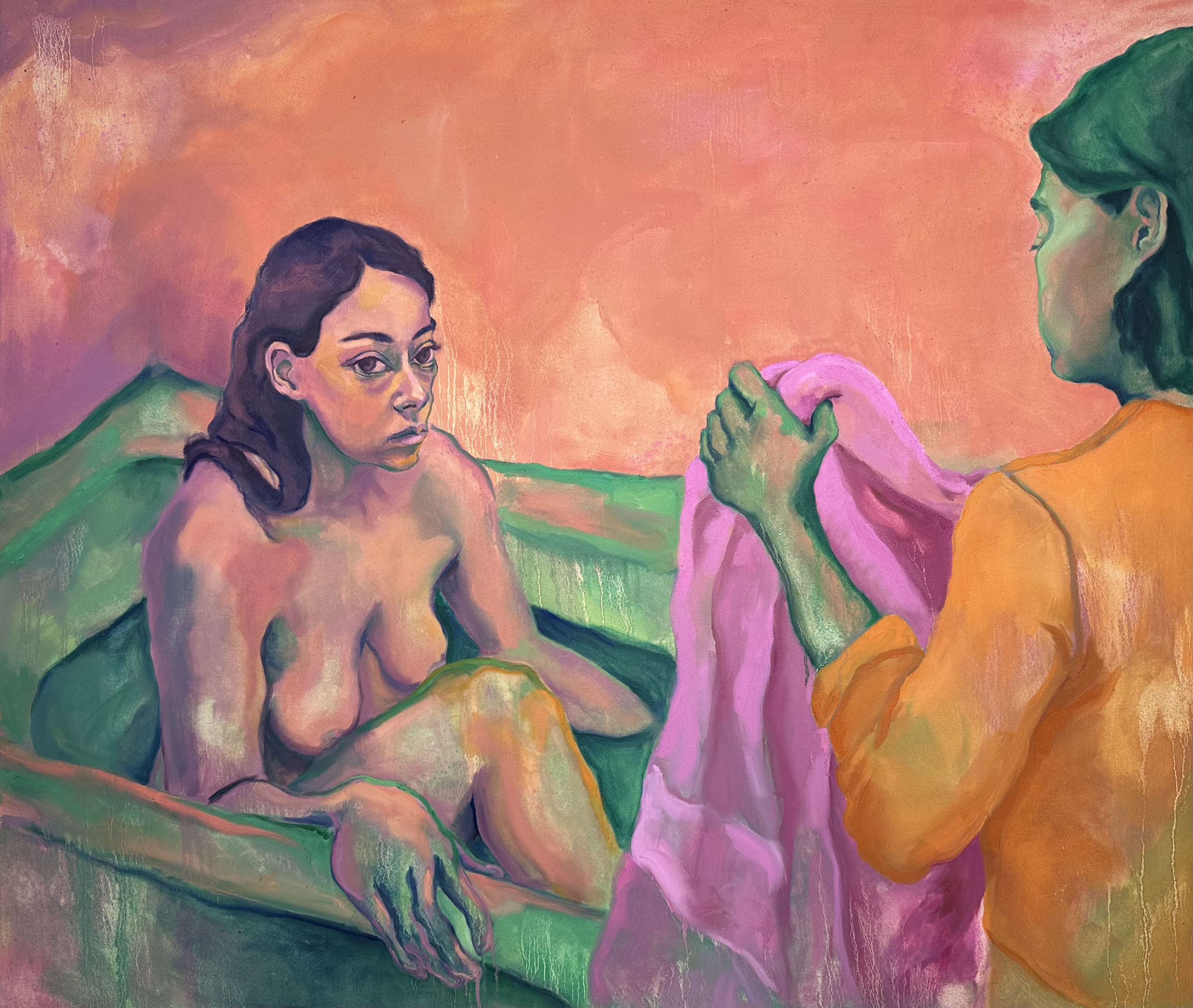 'pink towels and time machines', Tabitha Rose Owen, Oil on Canvas, 115 x 135 cm